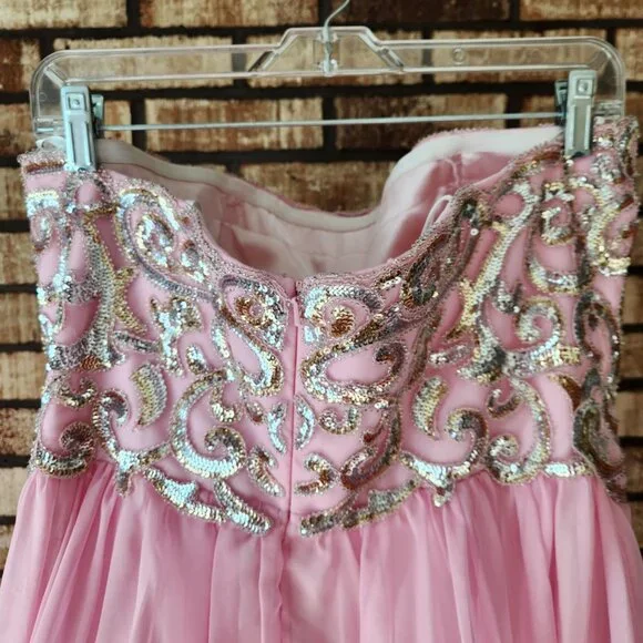 Alyce Paris Cosmo Pink Chiffon Strapless Prom Dress Gold Sequin Bodice Size 14 - Picture 4 of 7